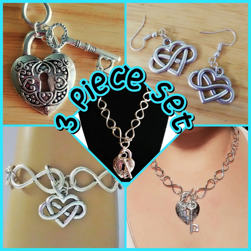 New Silver Infinity Lock Key "Key to my Heart" 3 piece Jewelry set